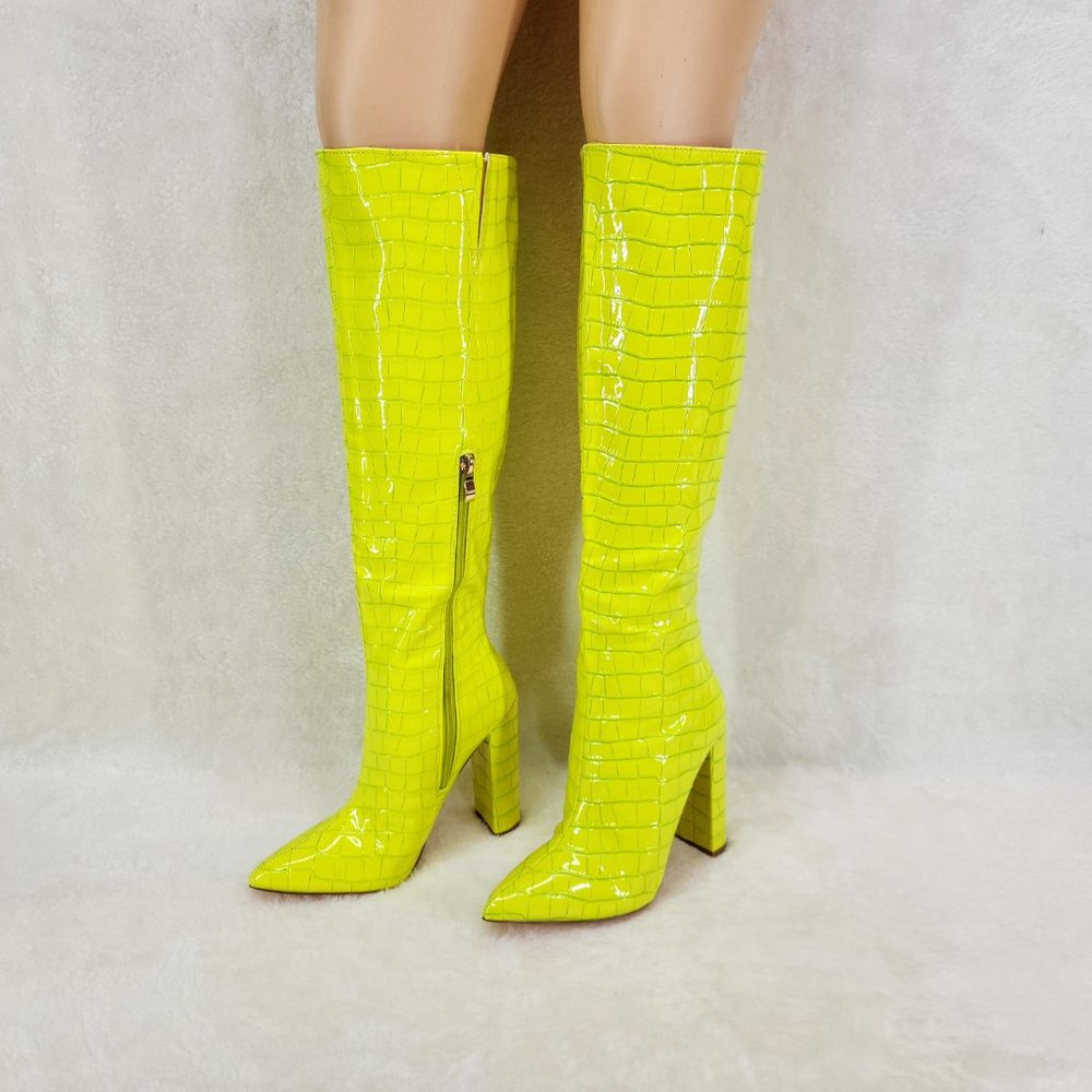 Crocodile  Pattern Patent Leather Boots  Neon Yellow